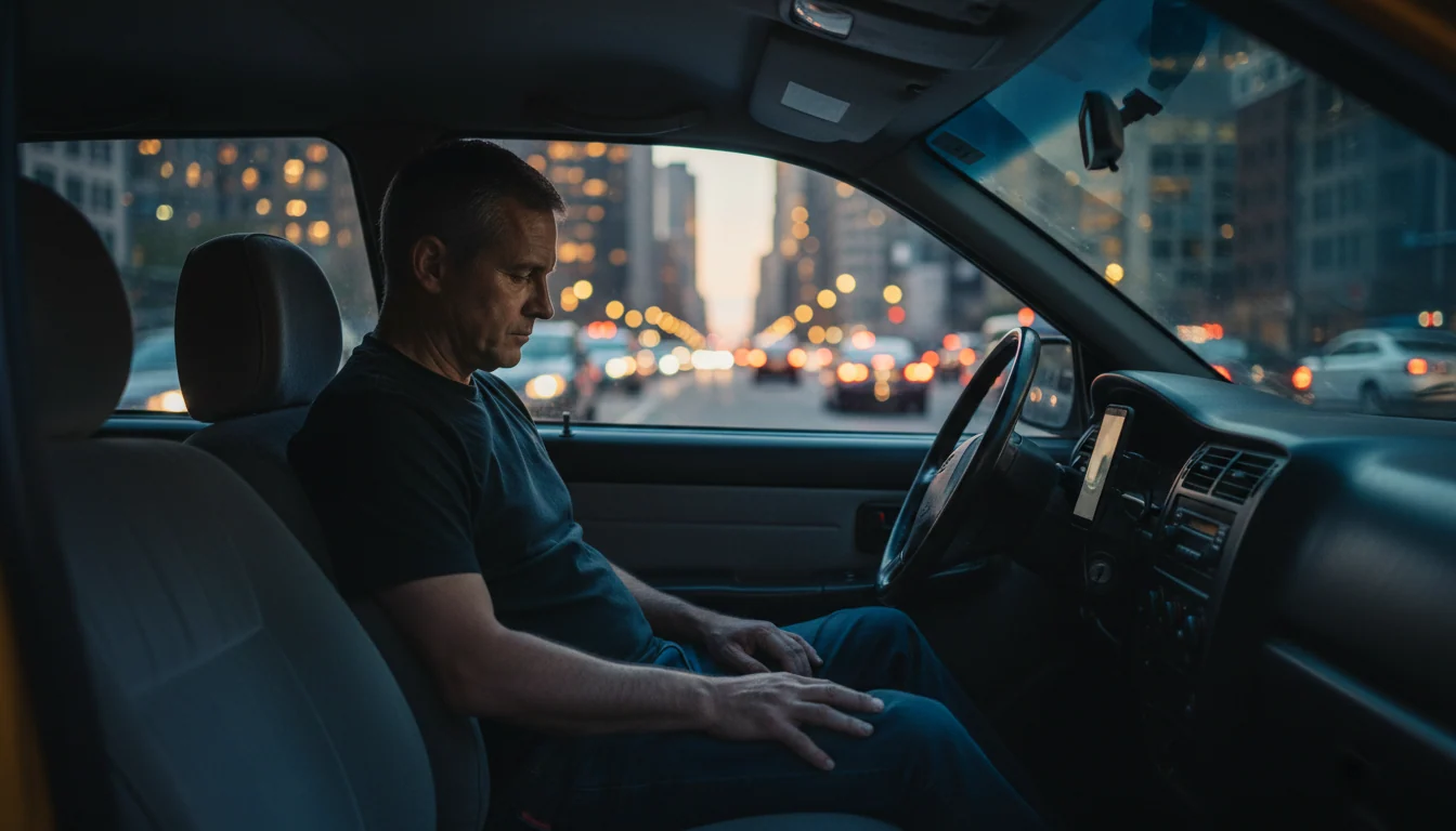 Een chauffeur zit stil in een geparkeerde taxi bij avond, kijkend naar een donkere smartphone op het dashboard terwijl de stad buiten verlicht is.