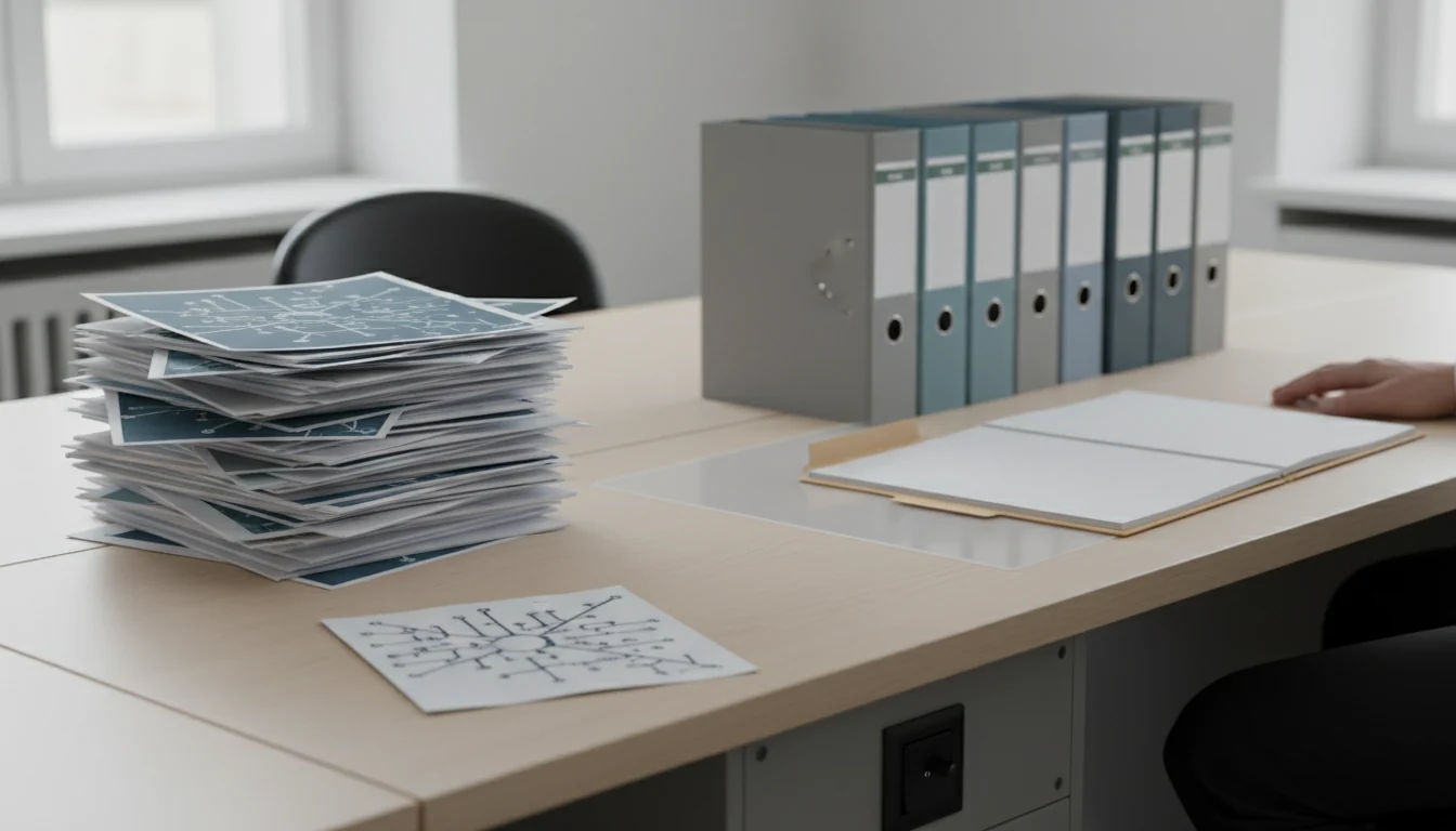 Op een lange tafel ligt een kleine modelsheet onderaan een stapel die breder wordt met netwerk- en systeemkaarten, naast gesloten ordners en een geopende dossiermap met tabblad.
