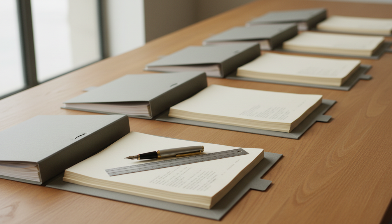 Several printed evaluation reports lie in a row on a wooden desk, each on a labelled folder, some sealed and others opened flat, with a ruler and pen.