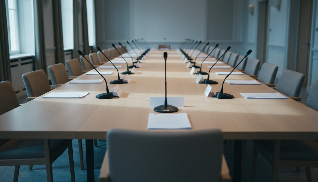 Long meeting table with a neat row of name plates, microphones and empty chairs, while one place in the foreground stays unset without a name plate, in daylight.