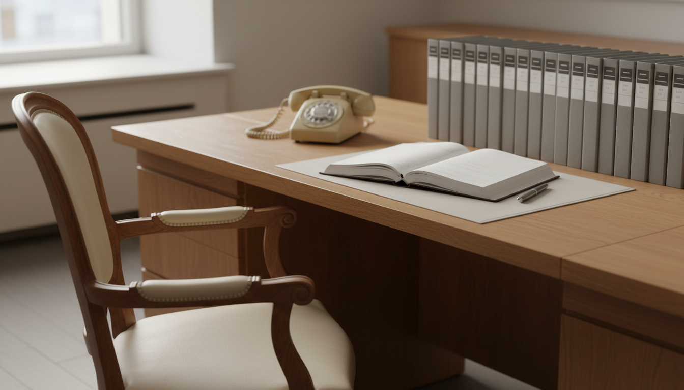 Empty law firm reception desk with a ringing landline, an empty chair, and across the desk an open diary beside a row of neatly ordered client folders.
