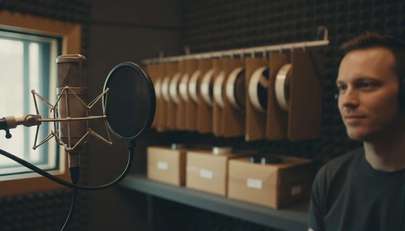 A studio microphone with pop filter in the foreground and a voice actor partly in frame, with a row of archive folders holding audio tapes behind.