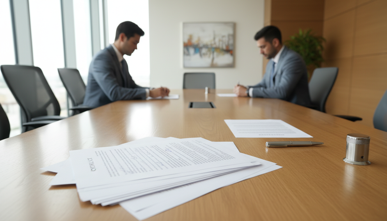 A long wooden meeting table with a spread-out printed contract, annotated pages up close and a separate signature page with pen and stamp at the far end.