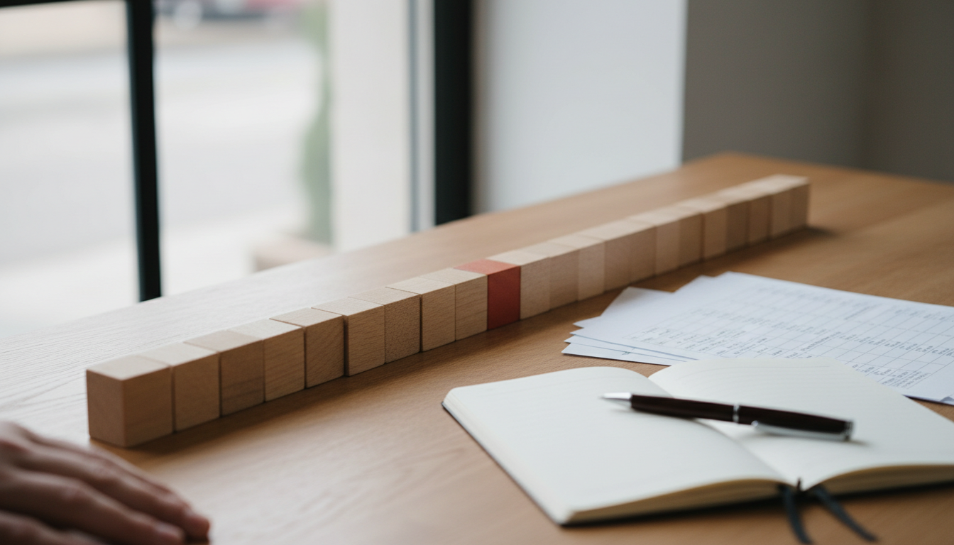 A row of identical pale wooden blocks on a desk with one deviating red block, beside an open notepad with a pen in natural daylight.