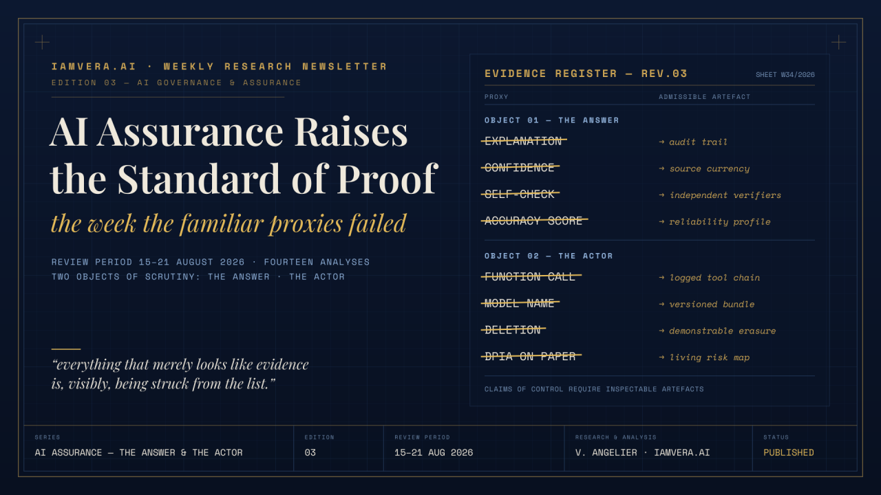 Illustration: familiar AI evidence proxies — scores, explanations, model names — failing the standard of proof