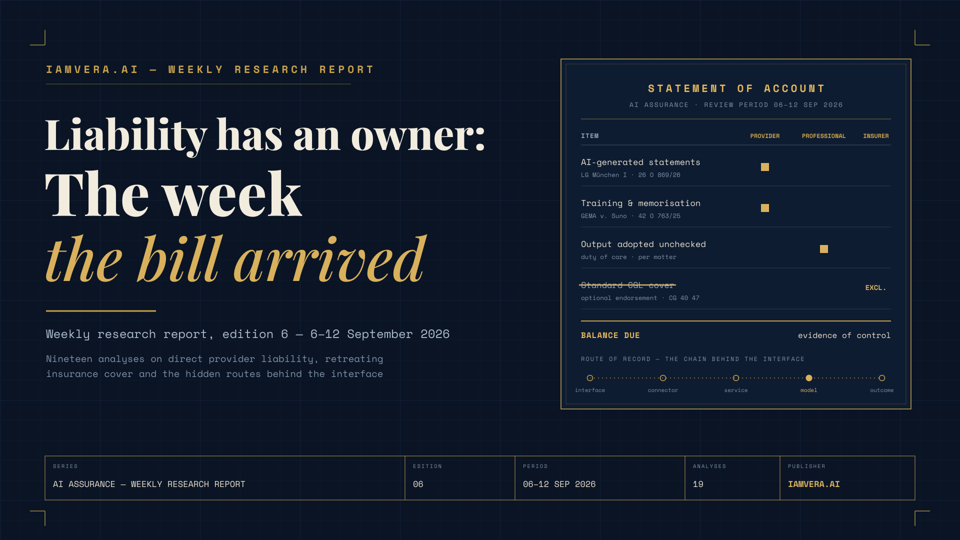 Illustration: a statement of account allocating AI liability across provider, professional and insurer